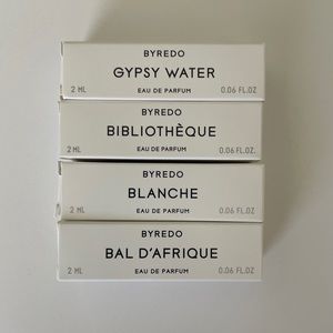 Byredo set of 4 samples: Gypsy Water, Bibliotheque, Blanche, and Bal D’adrique